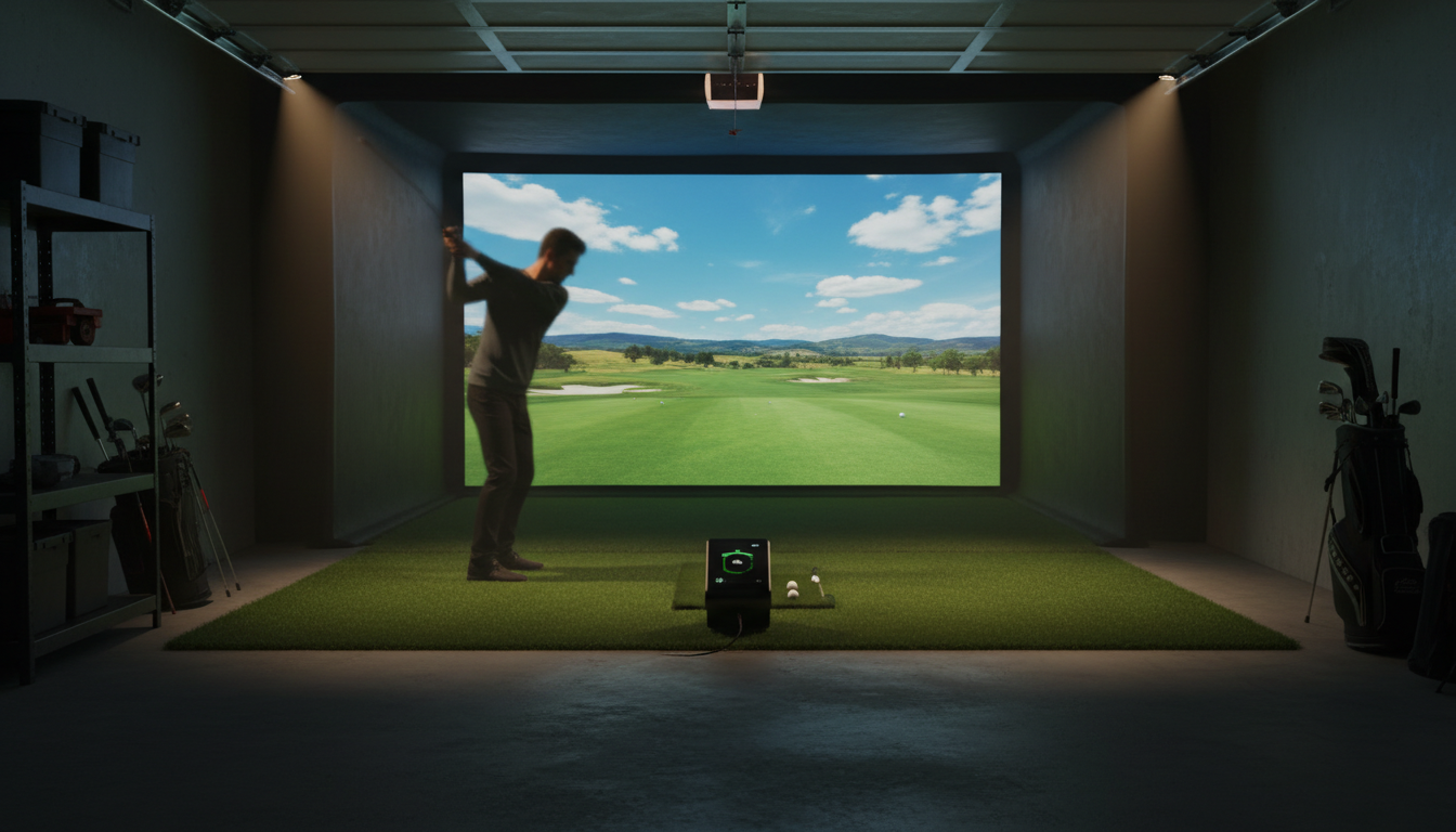 Garage golf simulator at night